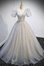Grey V-Neck Tulle Beading Long Prom Dresses, A-Line Evening Dresses