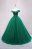 Green Tulle Long A-Line Ball Gown, Off the Shoulder Evening Dress