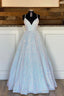 A-Line Sequins Long Prom Dresses, White Formal Evening Dresses