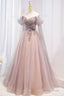 Pink Tulle Beaded Long Prom Dress, Off the Shoulder Evening Dress