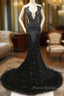 Black Mermaid Formal Prom Dresses with Beaeded and Feathers