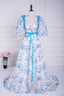 Blue and White Floral Bow Tie Straps A-line Long Formal Prom Dresses with Slit