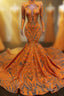 Hot Orange High neck Long Sleeves Mermaid Sequin Formal Prom Dresses