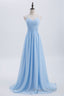 Blue Pleated Straps Chiffon Long Bridesmaid Dresses