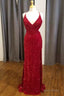 Red Sequin V-Neck Mermaid Long Formal Dress