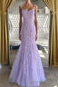 Lilac Spaghetti Straps Long Lace Tulle Evening Dresses Mermaid Appliques Formal Prom Dresses