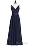 Navy Blue V-Neck Tie-Back A-Line Long Bridesmaid Dresses