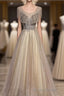 Champagne Round Neck Sequin Long Formal Prom Dresses, Tulle Prom Dresses