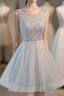 Gray Tulle Beads Short Formal Prom Dresses, Gray Homecoming Dresses