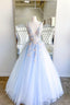 Blue V-Neck Tulle Lace Long Prom Dresses, Elegant Blue Formal Dresses