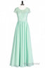 Sage Green Lace and Chiffon Cap Sleeve A-Line Long Bridesmaid Dresses