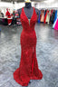 Red Sequin Plunge V Backless Mermaid Long Prom Dress with Slit
