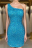 Blue Sequin One-Shoulder Cutout Bodycon Homecoming Dresses