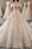 Champagne Off Shoulder Tulle Lace Long Wedding Dresses, Wedding Gown