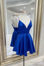 Blue V-Neck Satin Short Prom Dresses, A-Line Party Dresses