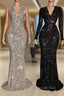 Glitter Long V-neck Sequined Floor Length Mermaid Formal Prom Dresses with Sleeves