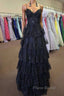 Straps Black Appliques Tulle Ruffle A-line Formal Prom Dresses