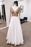 Champagne A-line V Neck Long Sleeves Chiffon Long Prom Dress