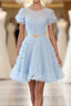 Cute Blue Lace Short Formal Prom Dress, Blue Homecoming Dress