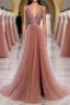 Pink V Neck Tulle Sequin Long Formal Prom Dresses, Pink Prom Dresses
