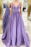 Straps V Neck Satin Maxi Formal Prom Dresses Lavender Formal Evening Gown