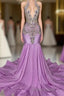 Long Lilac Sleeveless Halter Mermaid Formal Prom Dress With Beadings