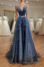 Gray Blue Tulle Beads Long Formal Prom Dresses, Blue Tulle Prom Dresses