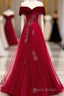 Burgundy Tulle Off Shoulder Long Formal Prom Dresses, Burgundy Prom Dresses