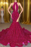 Sparkle Sequined Fuchsia High neck mermaid Keyhole asymmetric cut Formal Prom Dresses