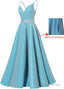 Spaghetti Straps Prom Dresses Long Satin Beaded V-Neck Formal Evening Party Ball Gowns with Pockets