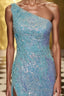 One-Shoulder Sequins Long Formal Prom Dresses with Floral Appliques