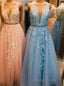 Elegant V Neck Appliques A-Line Long Tulle Formal Prom Dresses