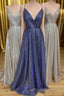 Sparkly V Neck Straps A-Line Long Formal Prom Dresses