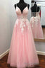 Elegant V Neck Lace-Up Back Pink Long Formal Prom Dresses with Appliques
