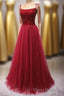 Straps Red Long Formal Prom Dresses with Beaded Bodice