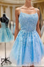 Straps Lace Applique Blue Homecoming Dresses