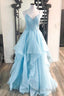 Elegant Light Blue Ruffled Tulle Formal Prom Dresses