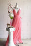 A-line V-Neck Pleated Tulle Long Bridesmaid Dresses with Slit