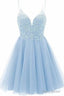 A-line Straps Appliques Tulle Short Homecoming Dresses