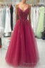 Wine Red Tulle Straps Lace Applique Long Prom Dresses, Wine Red Formal Prom Dresses