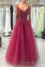 Wine Red Tulle Straps Lace Applique Long Prom Dresses, Wine Red Formal Prom Dresses