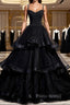 Black Tulle Open Back V Neck Beaded Layered Long Formal Prom Dresses