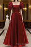 Burgundy A Line Long Formal Prom Dresses with Short Sleeves, New Party Gown