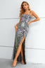 Black Spaghetti Straps Beaded Prom Dress With Slit