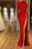 One-shoulder Long sleeves High-split Soft pleated Red Formal Prom Dresses