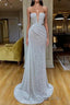 Plunging V-neck Sparkle White Sequined Strapless Formal Prom Dresses
