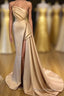 Designer Long Champagne Formal Prom Dresses Side Split Evening Party Gowns