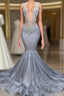 Silver Sequins Mermaid Formal Prom Dress Long With Beads