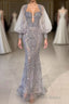 Charming Long Mermaid Sweetheart Tulle Lace Evening Dresses with Puffy Sleeves
