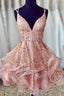 Cheap A Line Spaghetti Straps Lace Up V Neck Pink Homecoming Dresses, With Sequins